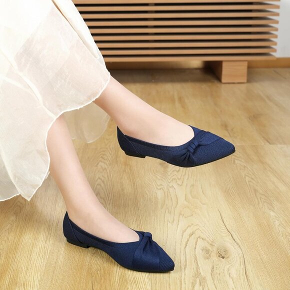 Women's Pointed Toe Knit Blue Flats Comfortable Lightweight Dressy Casual Shoes - Picture 8 of 9